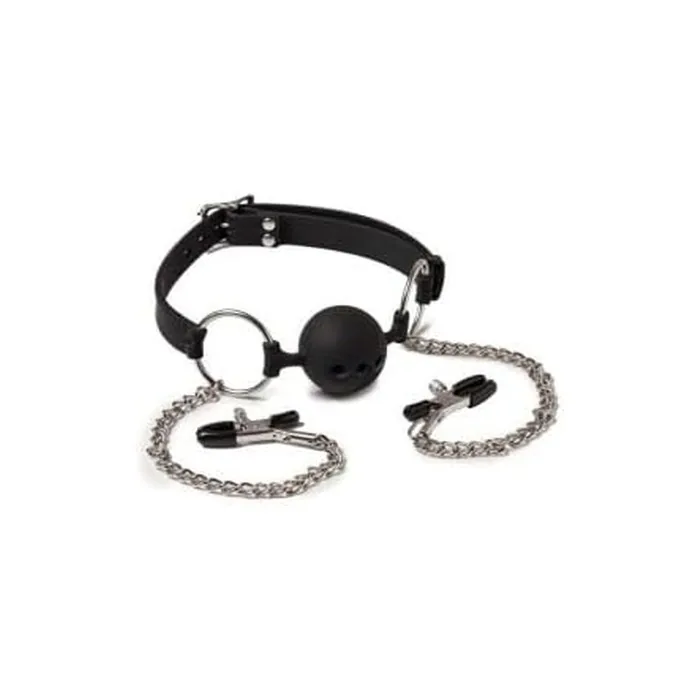 Rimba Latex Play Mouth Gag with Testicle and Nipple Clamps Black