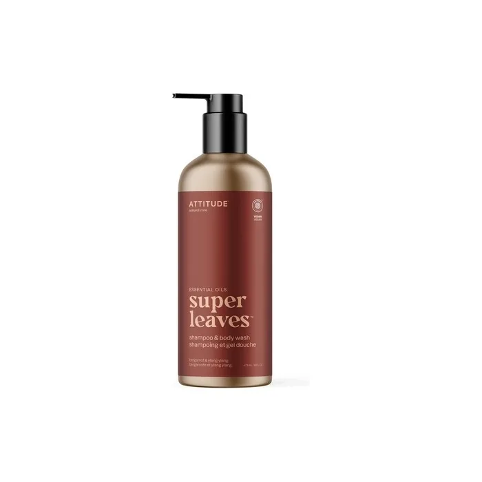 ATTITUDE 2in1 Shampoo and Body Wash EWG Verified Plant and Mineral-Based Ingredients Vegan Personal Care Products Refillable Aluminum Bottle Bergamot and Ylang Ylang 473ml