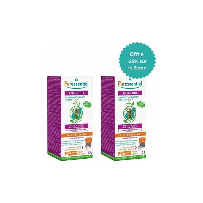 Puressentiel Antilice Shampoo Treatment Mask 2in1 With Comb 2x150ml