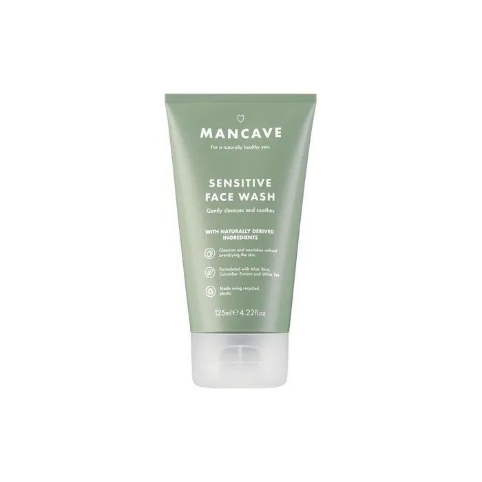 ManCave Sensitive Face Wash for Men 125ml - Clean and Nourish Skin with Cucumber Extract, White Tea and Aloe Vera - Dermatologically Tested - Natural Formulation - Vegan Friendly