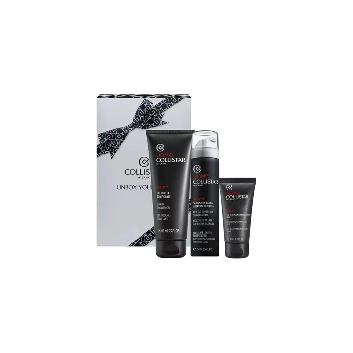 Collistar Uomo Unbox Your Style Shaving Foam for Sensitive Skin 75ml, Toning Shower Gel 100ml, Energizing Cleansing Gel 30ml