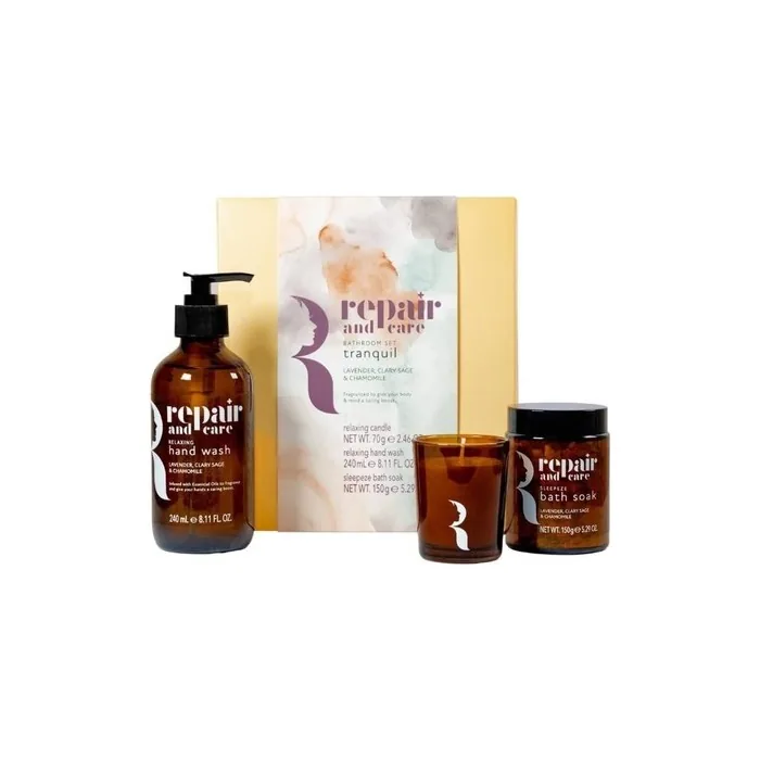 Repair and Care Tranquil Bathroom Set Candle 70g Bath Soak 150g Hand Wash 240ml
