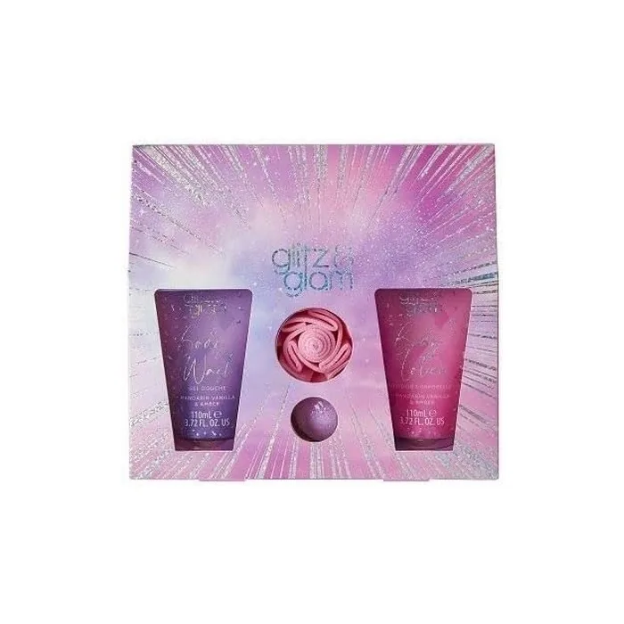 Style & Grace Glitz & Glam Glimmer Gift Set Eco Packaging 110ml Body Wash 110ml Body Lotion 80g Bath Fizzer 1 Shower Flower