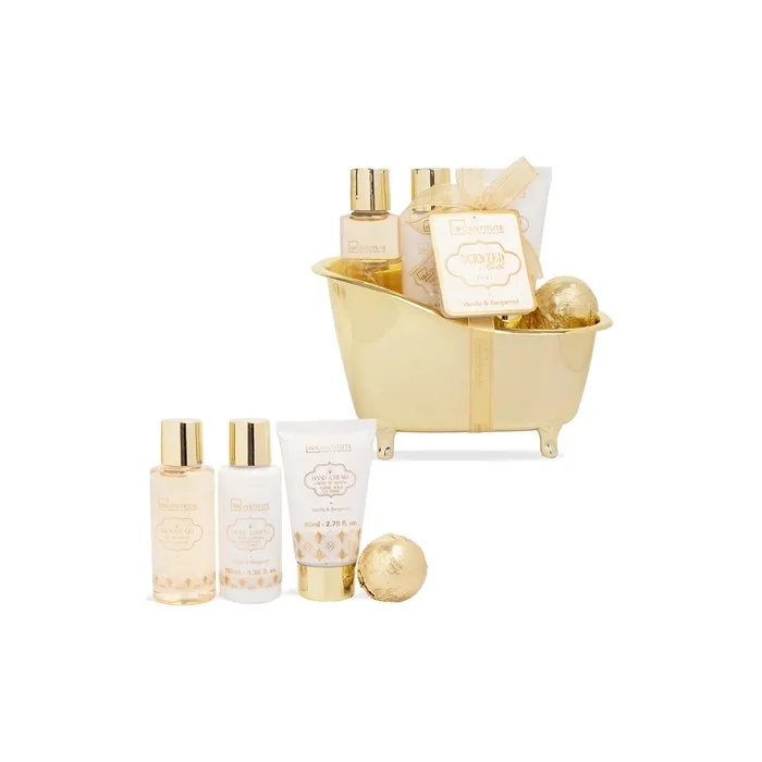 IDC Institute Gold Bath Set with Vanilla and Bergamot - 4 Pieces: Shower Gel 100ml, Body Lotion 100ml, Hand Cream 80ml, Bath Bomb