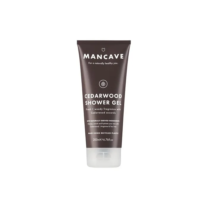 ManCave Cedarwood Shower Gel for Men 200ml - Natural Formulation with Fresh Wood Aroma - Vegan Friendly - Tube made from Recycled Plastics