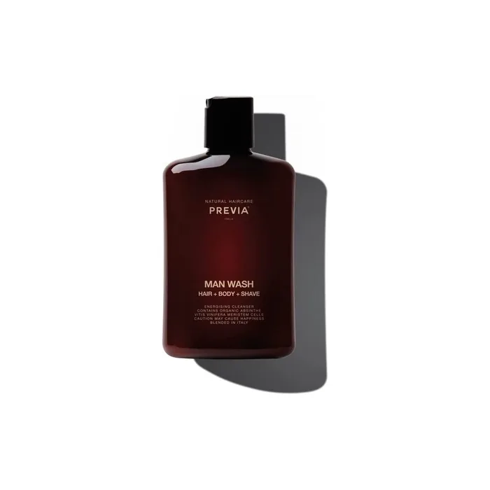 Previa Man Wash Hair Body Shave Energising Cleanser with Organic Absinthe and Vitis Venifera Meristem Cells Caution May Cause Happiness 250ml