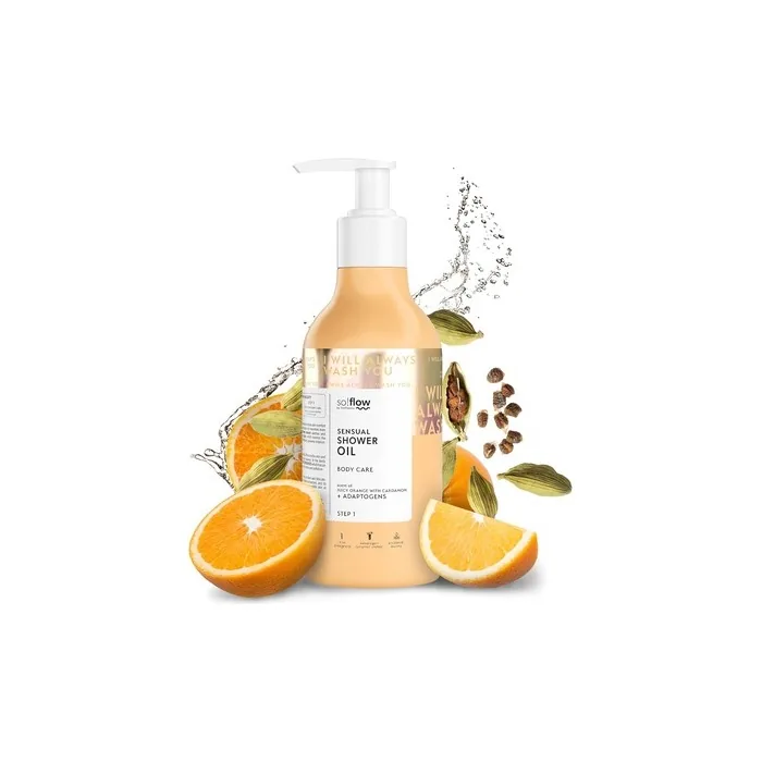 So!Flow Radiant Glow Shower Oil with Juicy Orange & Cardamom, Infused with Citrus Aurantium Amara Flower Extract for Refreshed Skin
