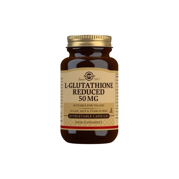 Solgar L-Glutathione Reduced 50mg Vegetable Capsules Detoxification of the Liver Glutamic Acid Cysteine and Glycine Vegan Gluten Free and Kosher