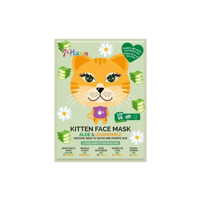 7th Heaven Kitten Face Sheet Mask with Chamomile and Aloe Vera to Soften and Hydrate Skin
