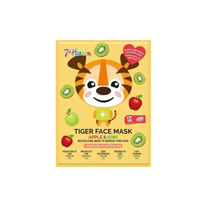 7th Heaven Tiger Sheet Face Mask Apple and Kiwi Revitalising Mask To Refresh Tired Skin 21g