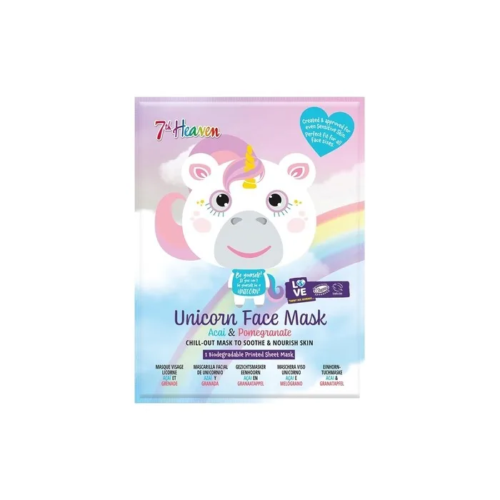 7th Heaven Unicorn Face Sheet Mask with Acai and Pomegranate to Soothe and Nourish Skin