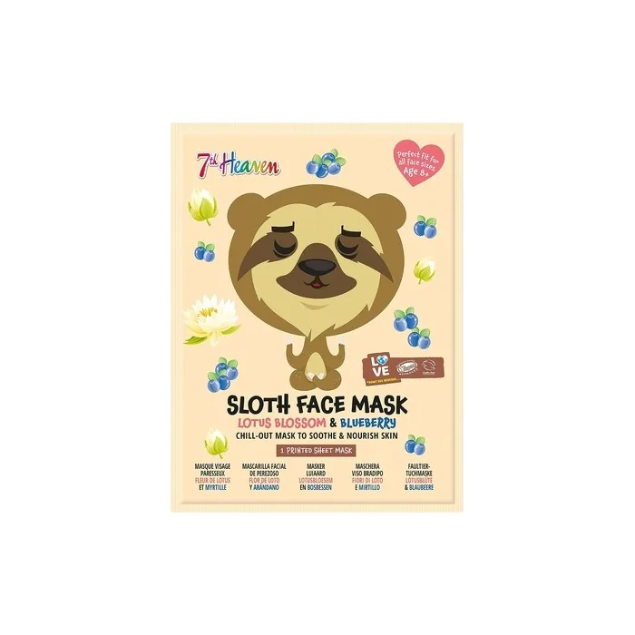 7th Heaven Sloth Face Sheet Mask with Lotus Blossom and Blueberry to Soothe and Nourish Skin