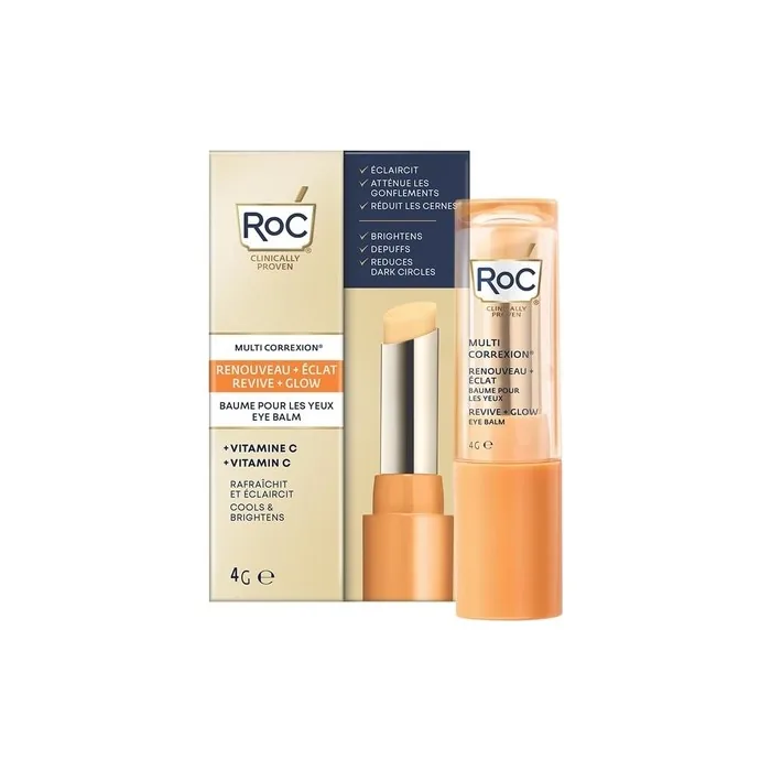 RoC Multi Correxion Revive + Glow Eye Balm Vitamin C Peptide Formula Dark Circle Puffiness Reduction Touchless Application Eye Cream Hypoallergenic 4g