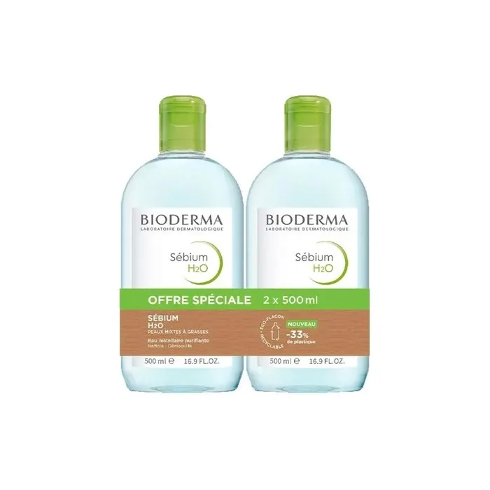 Bioderma Sebium H2O Purifying Cleansing Micellar Water 500ml - Pack of 2
