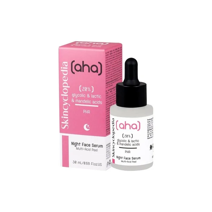 Skincyclopedia AHA Exfoliating Night Serum with 20% Lactic, Glycolic and Mandelic Acid and PHA - Chemical Peel Solution for Spots, Hyperpigmentation, Acne Scars and Pores - 30ml
