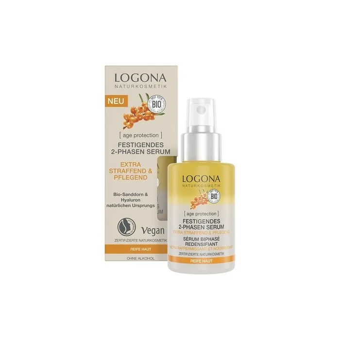 LOGONA Naturkosmetik Anti-Aging Face Serum for Mature Skin Vegan Firming 2 Phase Serum with Hyaluronic Acid and Organic Sea Buckthorn Age Protection 30ml