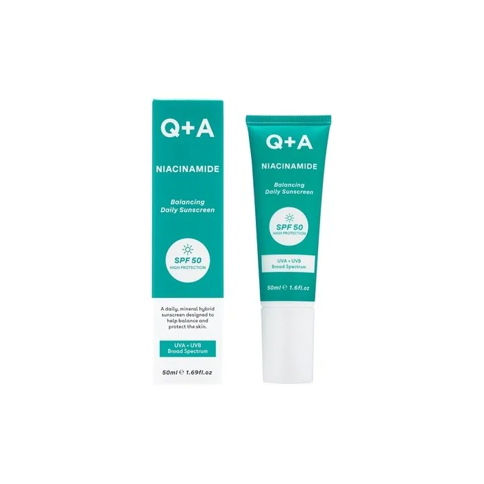 Q+A Niacinamide Daily Sunscreen SPF 50 Ultra-Light Non-Greasy Broad-Spectrum UVA/UVB Protection Oil Control Pore Refining Hydrating 50ml