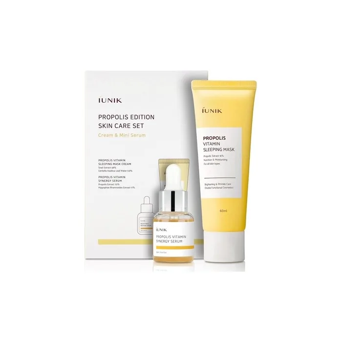 iUNIK Propolis Edition Skincare Set Sleeping Mask 2.02 fl.oz. & Mini Serum 0.51 fl.oz. - Infusing and Revitalizing Skin with Moisture and Vitamins
