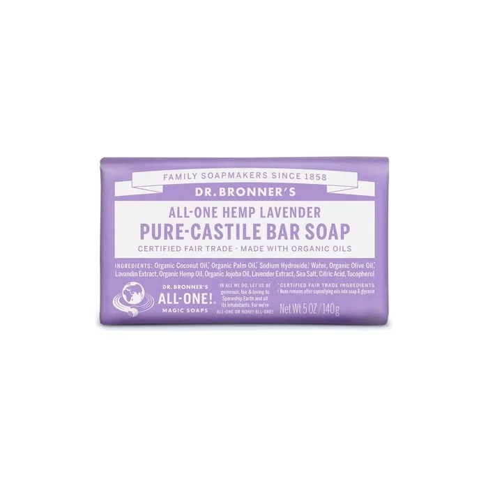 Dr Bronner's Lavender Pure-Castile Bar Soap Made with Organic Oils For Face Body & Hair Fair Trade Certified & Vegan Friendly 140g Bar