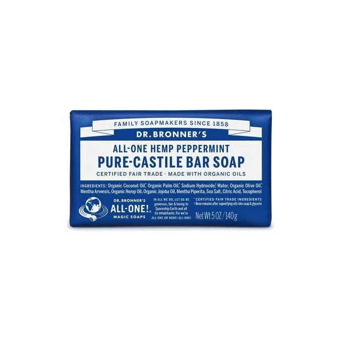 Dr Bronner's Peppermint Pure-Castile Bar Soap with Organic Oils and Fairtrade Ingredients 140g Bar Peppermint 147.9ml