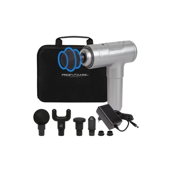 ProfiCare PC-MP 3087 Massage Gun for Neck Shoulder Back and Leg Relaxation 3 Intensity Levels 1900-2800 Strokes/Min 4 Attachments 2000mAh Silver