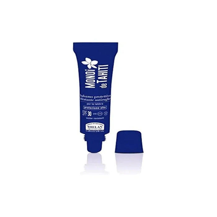 Helan Monoï de Tahiti Lip Balm Sun Protection 30 Anti-Wrinkle Hyaluronic Acid Moisturising Lip Balm Waterproof UV/IR Filter Cocoa Butter Vitamin E and Shea Butter 15ml