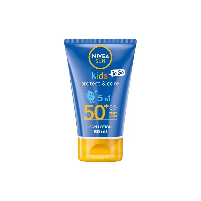 NIVEA SUN Kids Protect and Care SPF 50+ To Go Lotion 50ml Water-Resistant Sunscreen Kids Sun Cream Provides Highly Effective UVB and 5 Star UVA Protection