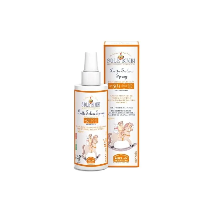 Helan Sole Bimbi Sunscreen SPF 50+ for Babies Sun Cream Spray with Aloe Vera Juice Vitamin E Sweet Almond Oil Water Resistant Sun Lotion Against Redness Irritation Made in Italy 100ml