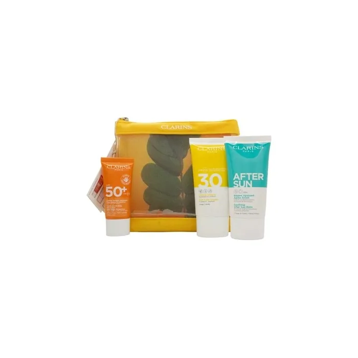 Clarins Essential Sun Care Travel Set - 50ml Very High Protection Sun Cream Spf 50, 15ml Gentle Peeling, 75ml Soothing After Sun Balm