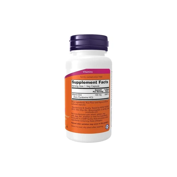 NOW Supplements Vitamin B-6 Pyridoxine HCl 100mg Cardiovascular Health 100 Veg Capsules