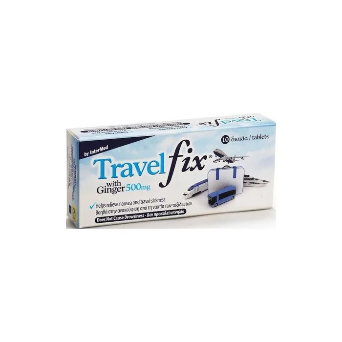 Unipharma Travel Fix Ginger Dietary Supplement For Nausea 500mg 10 Tablets