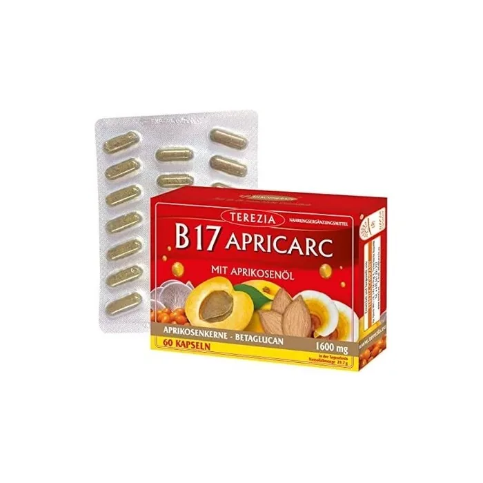 TEREZIA Apricarc Vitamin B17 1600mg Apricot Kernel Oil Extract with Amygdalin, Oyster Mushroom, Reishi and Sea Buckthorn 60 Capsules