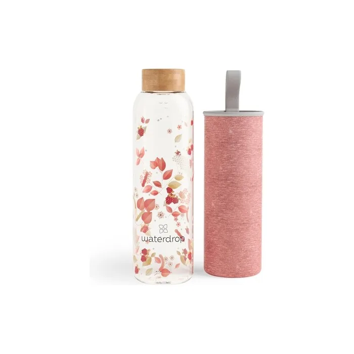Waterdrop Edition Glass Bottle 600ml BPA Free with Bamboo Lid and Neoprene Protection Sleeve Sustainable Borosilicate Glass Flair