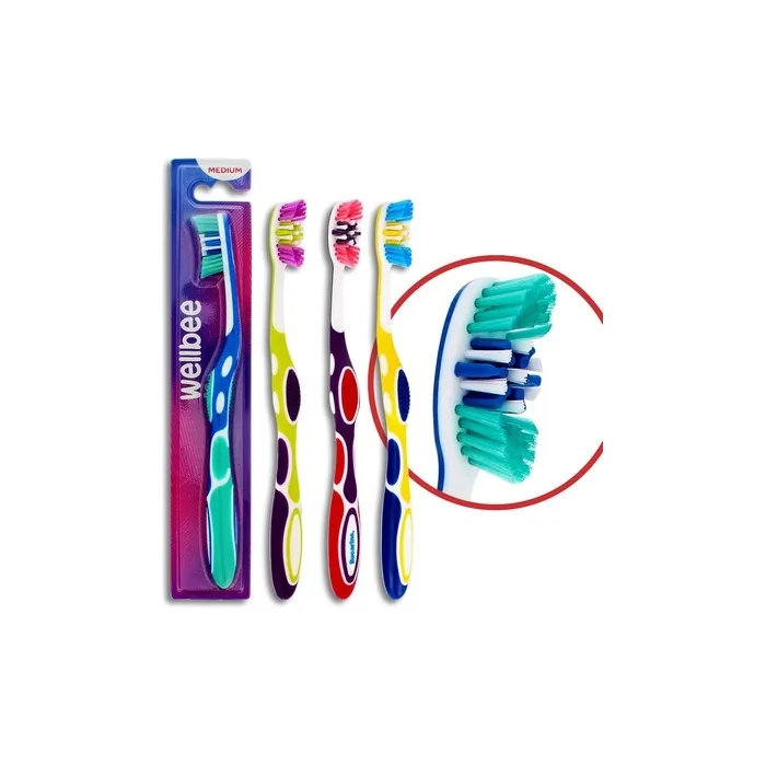 Wellbee Adult Toothbrush Medium Hardness Mix Of Colors Blister Pack Of 5