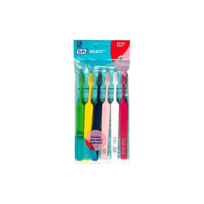 TePe Select Toothbrush Extra Soft Mixed Pack 6pcs Easy Plaque Removal with Tapered Brush Heads Assorted Colours 6 count
