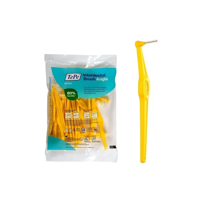 TEPE Interdental Brush Angle Angled Dental Brush for Teeth Cleaning 25 Pack 0.7mm Medium Gaps Yellow Size 4
