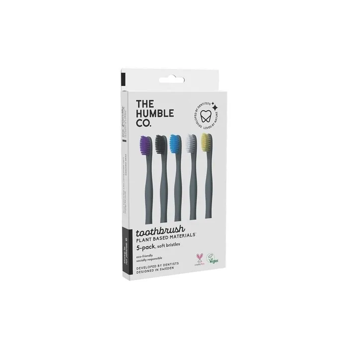 The Humble Co. Plant-Based Toothbrush 5 Pieces Sensitive Bristles Environmentally Friendly Vegan for Daily Oral Care Recommended by Dentists 5 Colors
