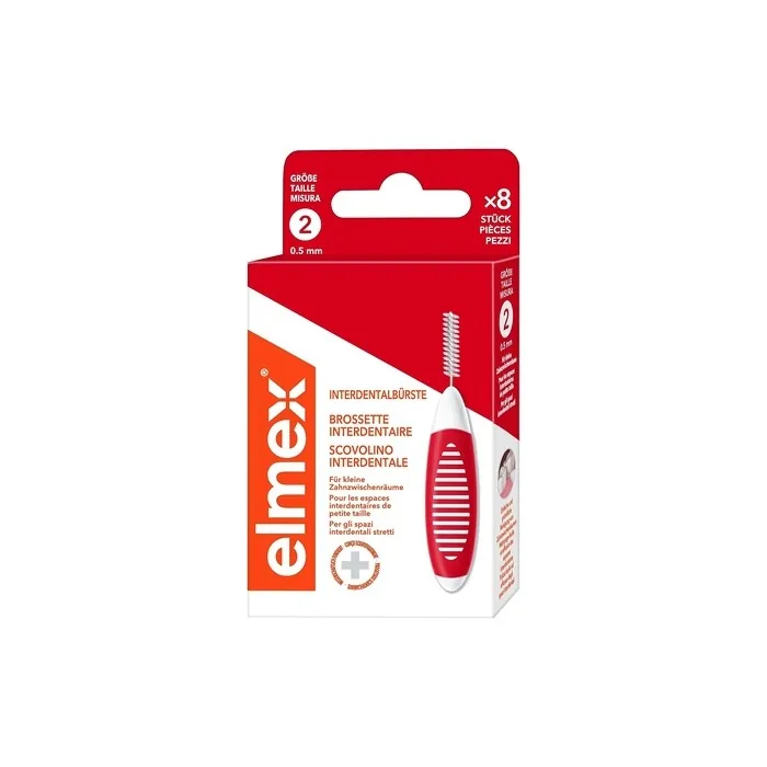 Elmex Interdental Brush Red Size 2 0.50mm Pack of 8 Brushes for Cleaning Small Spaces Red/White 8 count