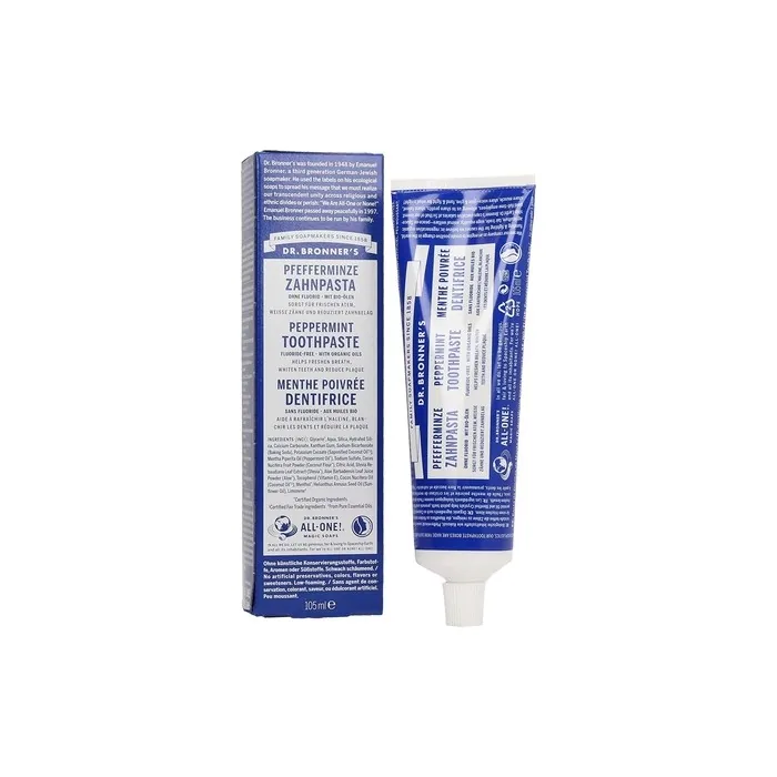 Dr Bronner's All One Peppermint Toothpaste with Organic Fluoride-Free Ingredients 105ml Tube