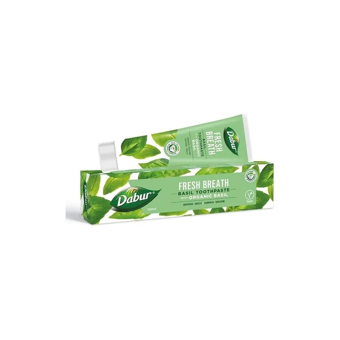 Dabur Organic Basil Toothpaste for Fresh Breath 100ml - Natural Oral Care with Organic Basil Extracts - Refreshing Mint Flavor - Promotes Oral Health and Hygiene