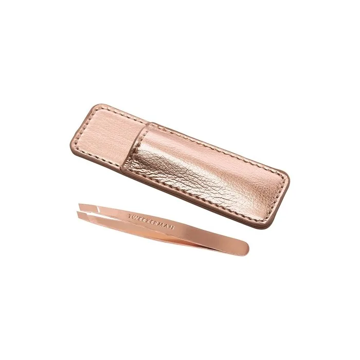 Tweezerman Rose Gold Mini Slant Tweezer with Case for Facial Hair Removal and Eyebrow Shaping for Men or Women