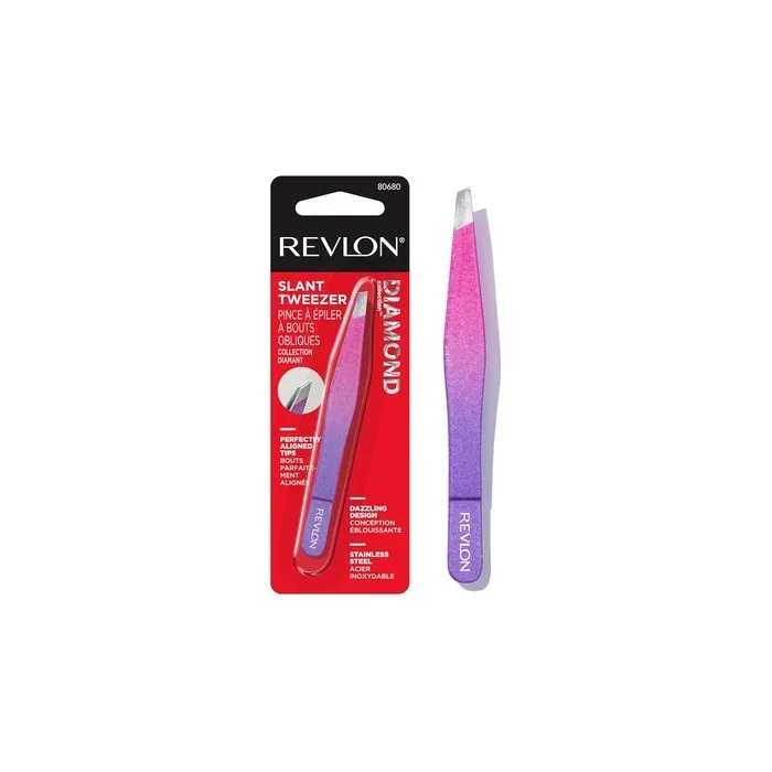 Revlon Diamond Collection Slanted Tip Tweezers Ultrasharp For Precision Eyebrow Shaping And Facial Hair Removal Made With Stainless Steel Pink & Purple
