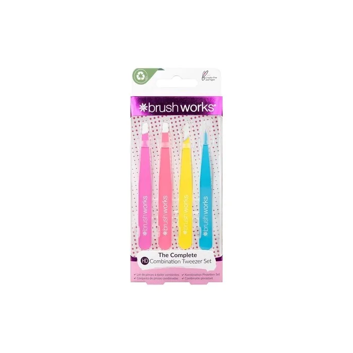 Brushworks HD 4 Piece Combination Tweezer Set Neon