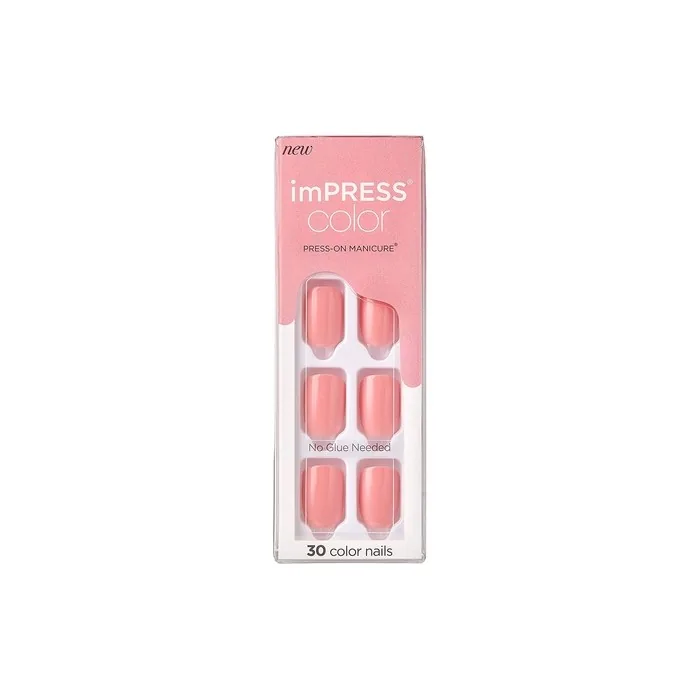 KISS imPRESS Color Gel Nail Kit Pretty Pink with PureFit Technology - Includes Prep Pad Mini File Cuticle Stick and 30 Fake Nails